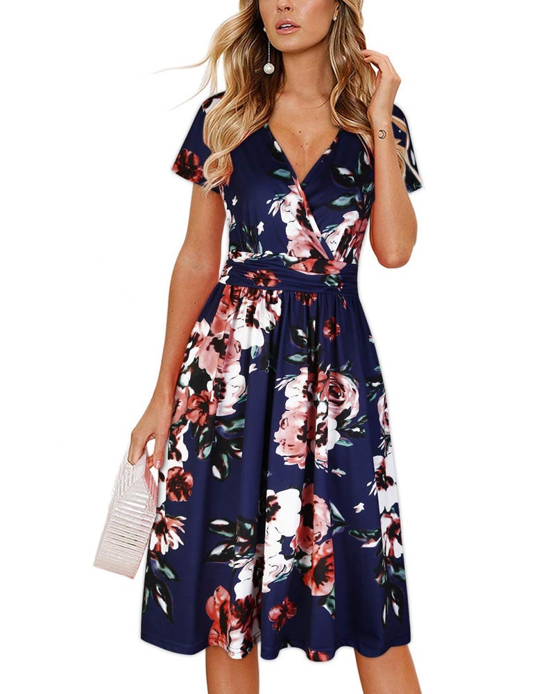 OUGES Casual Spring Summer Dress for Women 2026 Wrap V Neck A Line Midi Party Dresses with Pockets(FloralB,M) - Image 1
